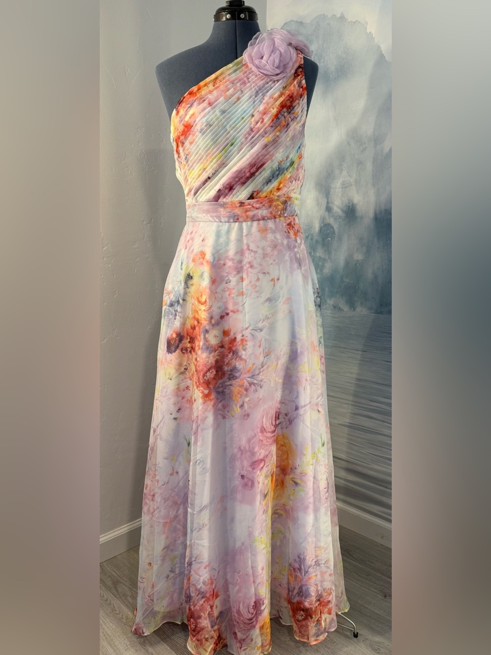 One-Shoulder Pastel Floral Maxi Dress in Purple #337